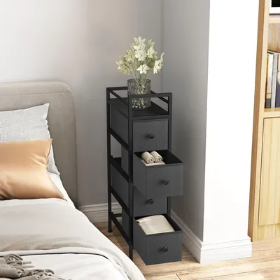 Produktbild von SUGIFT Schubladenschrank Vliesstoff Stahlrahmen, Schmale Kommode mit 4 Stoffschubladen, Schwarz | Schlafzimmer Flur | 6 kg | 20 x 43 x 81,5 cm