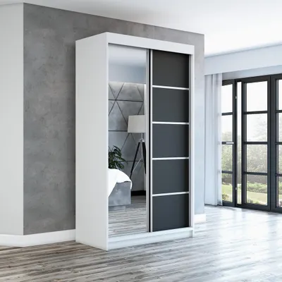 Produktbild von Schwebetürenschrank GAP 120 cm 2-türig Schrank mit Spiegel. Farbe: Weiß / schwarz