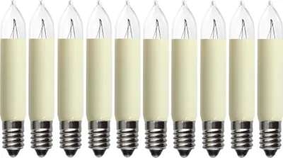 A row of ten small candle-shaped light bulbs with E10 bases.