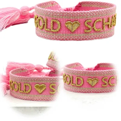 Produktbild von LS-LebenStil Canvas Statement Armband Goldschatz Rose Gold besticktes Stoffarmband gewebt textiles Quasten Spruch Boho Geschenk Freundschaftsarmband