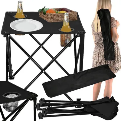 A collage of images showing a portable folding table with drinks and a basket of fruit, a woman carrying a folded table, and the table disassembled.