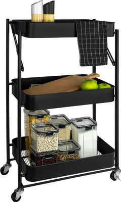 Produktbild von QUVIO Faltbarer Küchenwagen - Küchenwagen auf Rädern - Schrank auf Rädern - Aufbewahrungsregal - Bäckerschrank - Rollbare Regale - Servierwagen - Badezimmerwagen - 3 Schichten - Metall - 30 x 45 x 77 cm (LxBxH) - Schwarz