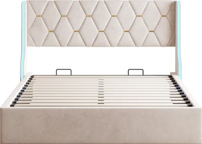 Produktbild von Fortuna Lai Polsterbett 160x200cm mit Bettkasten und LED-Beleuchtung, hydraulisches Boxspringbett mit höhenverstellbarem Kopfteil und Lattenrost, Samt Doppelbett Jugendbett Stauraumbett, Beige