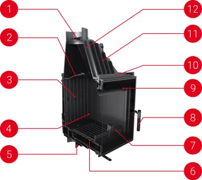 A diagram of a fireplace insert with numbered callouts.