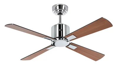 Imagen del producto de Ventilador de techo de bajo consumo con mando a distancia, modelo Eco Neo III, conexión WiFi, 103 cm de diámetro, acabado cromado brillante, aspas en color /teca