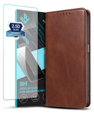 Produktbild von Handyhülle für Samsung Galaxy A05s mit 9H Displayglas Kunstleder Flip Cover Hülle Klapphülle Case Kartenfach Farbe: Dunkelbraun