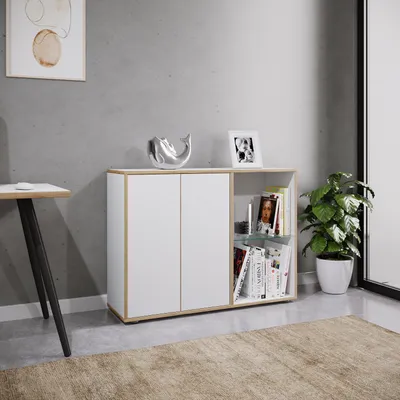 Produktbild von VCM Holz Kommode, Sideboard mit Drehtüren und Glasboden, Büromöbel, H. 74 x B. 100 x T. 33 cm - Salia