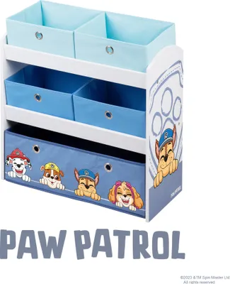 Produktbild von roba Spielregal aus Holz Paw Patrol - Spielzeugregal mit 5 Boxen - Montessori Aufbewahrungsregal für Jungen & Mädchen - Weiß / Grau