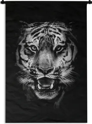 Produktbild von MuchoWow® Wandteppich Wandbehang Tiger Kopf auf schwarzem Hintergrund - schwarz und weiß 90x135 cm Tapisserie Dekoration Wandtuch - Baumwolle - Wandskulptur