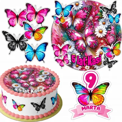 Produktbild von Zestaw Opłatek Na Tort 20Cm + 16 Postaci - Motyl + Imię 15Cm 18Cm