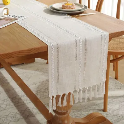 Produktbild von Tischläufer Beige Boho Polyester Geruchsneutral Tischläufer Landhausstil Tischläufer mit Quasten