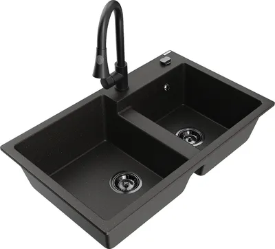 Produktbild von Mexen Tomas 2-Becken-Granitspüle mit Mischbatterie Elia, Schwarz/Gold metallisch - 6516-75-670101-70-B