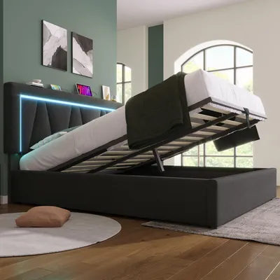 Image de OKWISH Lit Coffre Capitonné Double 140x200 avec LED et Ports USB Type-C, Matelas Inclus, Coffre Pratique - Tissu Gris