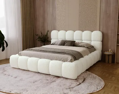 Image de BESILIO Lit rembourré bouclé 120x200 Chicago - mousse épaisse, coffre de rangement et sommier - Crème
