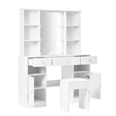 Immagine prodotto di okwish Comodino da bagno con illuminazione a LED, comò da bagno con specchio e sgabello, comò da bagno con 3 cassetti e 2 ante, bianco