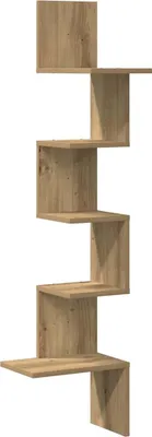 A wooden corner shelf unit.