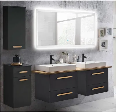 Produktbild von Badmöbel Waschplatz Set mit Doppel-Waschtisch DABO-04 in anthrazit mit Landhaus Eiche, B/H/T 210/200/50 cm