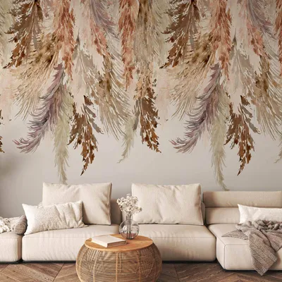 Produktbild von Selbstklebende Folie Fototapete - Minimalist boho landscape - dangling leaves in beige colours 196x140 cm Blätter b-C-10112-a-a