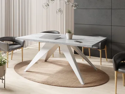 Produktbild von Esstisch Venus im Modern Still, Rechteckig Tisch - Ausziehbar von 140 cm bis 240 cm, Pulverbeschichtete Weiße Metallbeine - 140 x 80 cm - Beton Grau