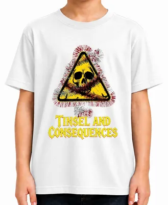 Produktbild von Tinsel and Consequences Totenkopf Lametta Warnschild Skull Gefahr Kinder T-Shirt, Weiß, 104