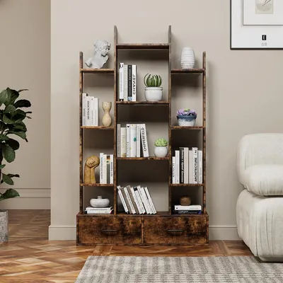 Produktbild von Bücherregal mit 2 Schubladen Vintage Industrial-Stil Ausstellungsregal Bücherschrank für Schlafzimmer, Wohnzimmer Braun
