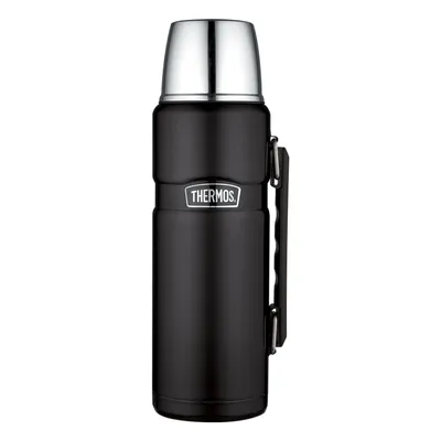 A black thermos bottle with a silver top and handle, shown against a white background.