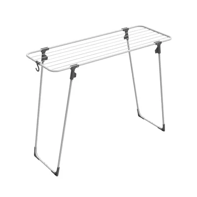 A white drying rack with a metal frame is shown against a white background.