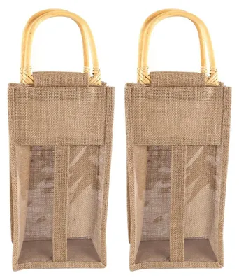 Image de Sac en jute pour 2 bouteilles, avec des poignées en bambou