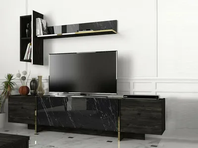 Image de Beinasco - Meuble TV, 180x32x45h cm Noir, 2 Étagères