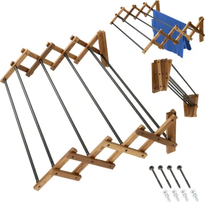 A wooden accordion-style drying rack is shown extended and mounted on a white background. Several smaller images show the rack in different configurations and with included mounting hardware.