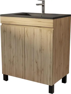 Image de Meuble de salle de bains 70 cm TIMBER -Reproduction Chêne Naturel à portes avec Vasque noire
