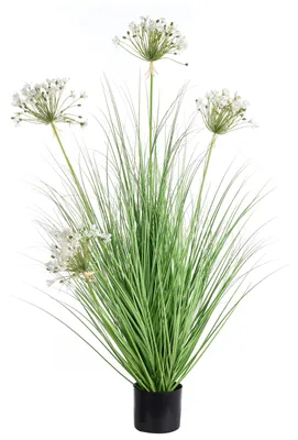 Obrázek produktu pro BELIANI Umělá rostlina v květináči s bílými květy a černými plastovými listy cibulová tráva 120 cm dekorativní doplněk do interiéru