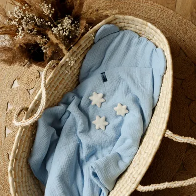 Image de Muminky | Ensemble linge de lit bébé - 65x100cm - Coton Mousseline - Bleu - Antiallergique - Fait main en Pologne