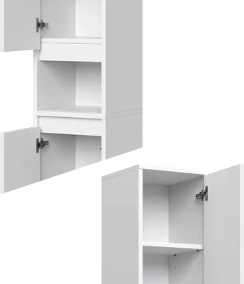 A white cabinet with doors and open shelves.