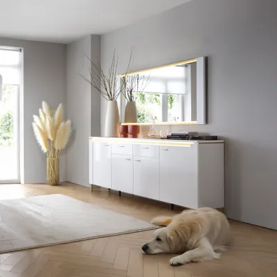 Produktbild von Sideboard mit Spiegel Set LUKA-129 in weiß mit goldfarbenen Akzenten