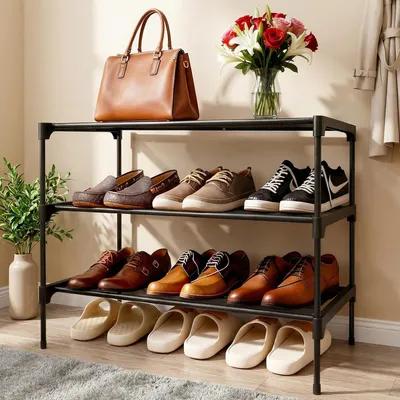Produktbild von Schuhregal Stapelbar, 3 Ebenen, für 9 Paar Schuhe, Schwarz, für Wohnzimmer, Flur, Schlafzimmer (63 x 30 x 36