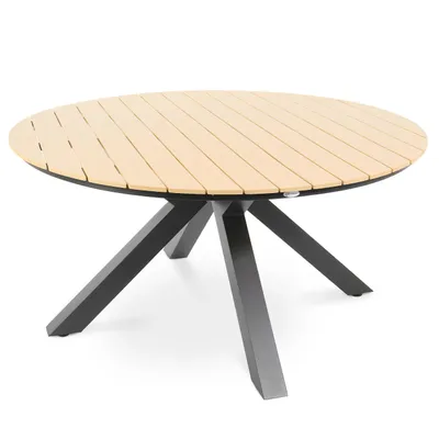 A round outdoor table with a slatted top and a dark gray base.