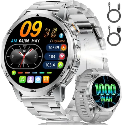 Produktbild von Smartwatch für Herren großes Display, Bluetooth-Anrufe, 1000-mAh-Akku, LED-Taschenlampe, Herzfrequenz- und Schlaftracker, IP68 wasserdicht,