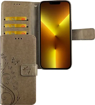 Produktbild von Apple iPhone 13 Pro Tasche Handy Hülle Schutz-Cover Flip-Case mit Kartenfach, Farbe:Blumen Grau