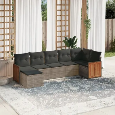 Produktbild von Design 7-tlg. Garten-Sofagarnitur mit Kissen Grau Poly Rattan, Gartenmöbel-Sets 2024 Neu