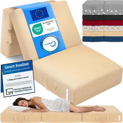 Productafbeelding van ELONEO Opklapbare matrassen, gastenmatrassen, 3-delige opvouwbare matrassen, extra dik schuim (15 cm), geschikt voor mensen met rugproblemen, opvouwbaar, (crèmekleur)