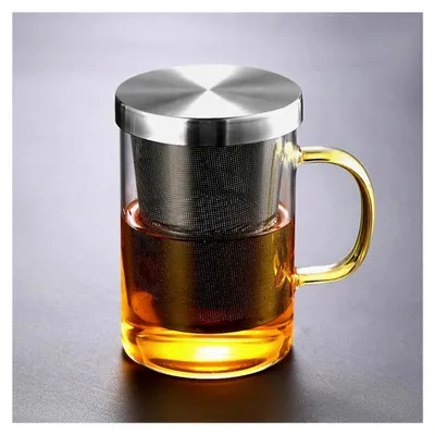 Produktbild von Teetasse aus Glas 450ml mit Sieb und Deckel, Teeglas, Filter aus Edelstahl, Teegefäß für mehr Genuss beim Teetrinken (Gelber Griff)