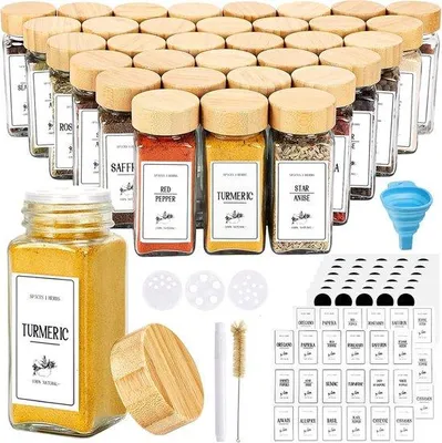 Produktbild von Famanu Gewürzgläser Set mit 36 Teilen - Glas mit Bambusdeckeln und Gewürzetiketten