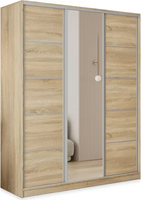 Produktbild von Masseno Schiebetürenschrank PINA 150/205/58 cm Kleiderschrank mit 4 Schubladen Schlafzimmer Schrank 3-türig mit Spiegel Sonoma Eiche