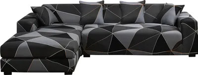 Produktbild von Sofa Überwürfe Sofabezug L Form Elastische, Stretch Sofaüberwurf Antirutsch 2er Set 3 Sitzer + 3 Sitzer Sofahusse Sofa Bezug für L-Form Sofa mit 2 Stücke Kissenbezug (Schwarze Grau Geometrie)