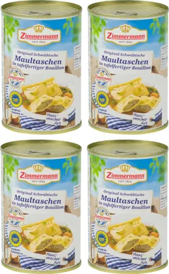 Produktbild von Food-United original schwäbische Maultaschen –8 Maultaschen mit Schweinefleisch-Spinat-Füllung in Bouillon 4x400ml Dose,von ZIMMERMANN Fleischwerke