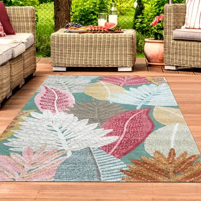 Produktbild von Outdoor Teppich Blumen Muster 3d-Effekt wetterfest türkis bunt Größe - 140 x 200 cm