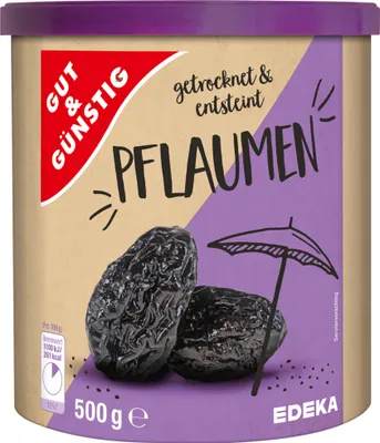 Produktbild von Gut & Günstig Trockenpflaumen entsteint und essfertig 3er Pack (3x500g Dose) + usy Block