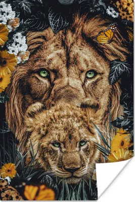 Produktbild von MuchoWow® Poster Löwen - Blumen - Schmetterling 20x30 cm - Papierdruck