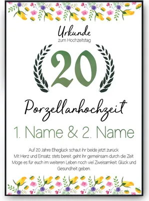 Produktbild von 20. Hochzeitstag personalisiertes Geschenk Urkunde zur Porzellanhochzeit Deko – DIN A4 (21x29.7cm)